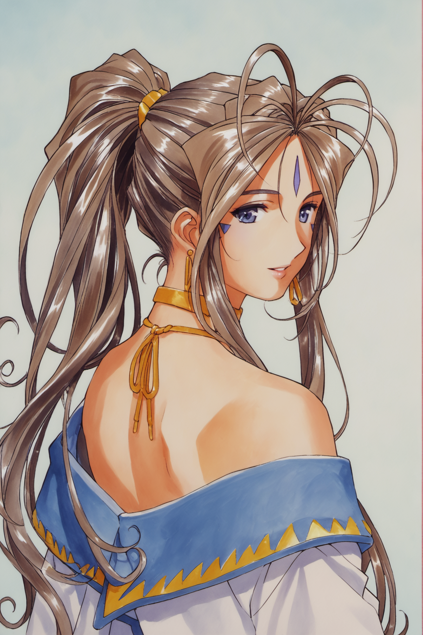 27349-1896458844-Belldandy,1girl,solo,long hair,jewelry,brown hair,earrings,ponytail,facial mark,choker,forehead mark,looking back,traditional me.png